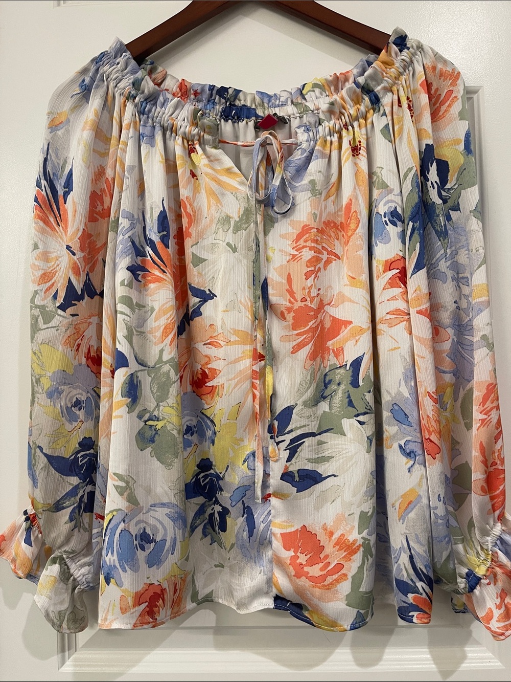 Vince Camuto White Floral Blouse with Coral & Blue